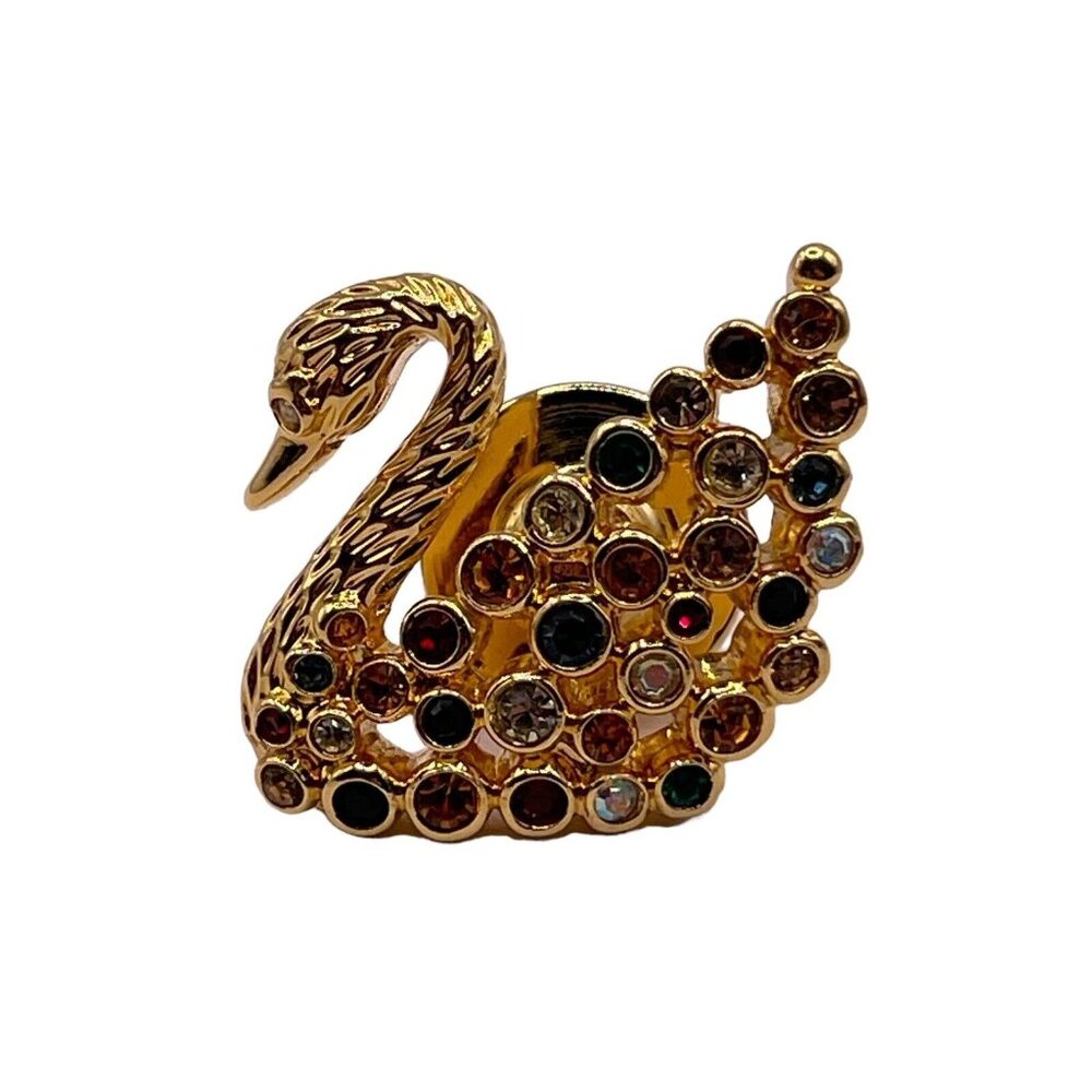Swarovski Signed Multicolor Crystal Gold Tone Colorful Swan VTG Lapel Pin Brooch